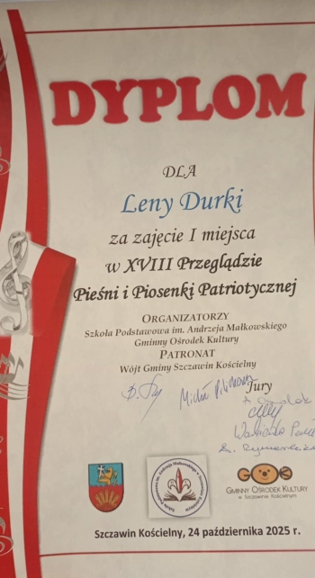 Konkurs Pieśni Patriotycznej w Szczawinie Kościelnym - Lena Durka  - dyplom