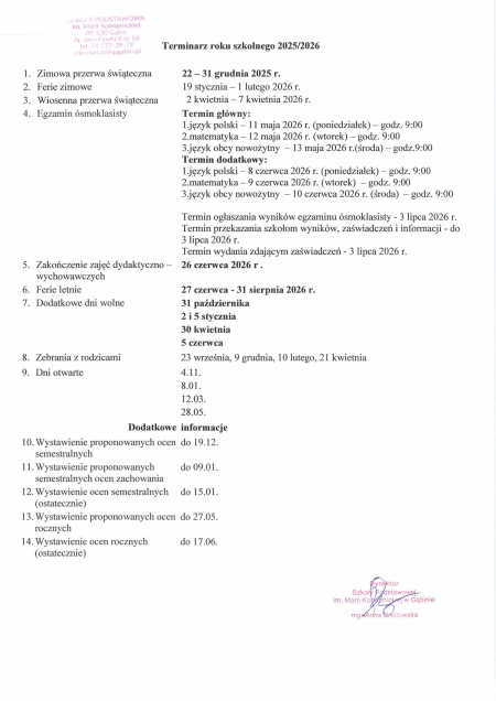 TERMINARZ ROKU SZKOLNEGO 2025/2026
